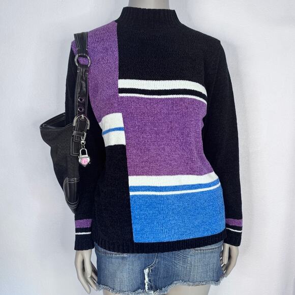 Vintage Other - VIT 90s Chenille Color Block Sweater Purple Blue Geometric Knit Large Pop Art